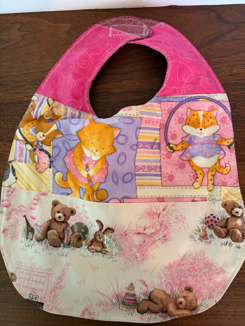 NEW Pink Patchwork Reversible Baby Girl Bib. Cats, Teddy Bears, Fairies Handmade